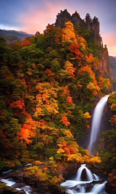 Una cascada en un bosque con una puesta de sol de fondo