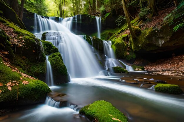 Una cascada en el bosque con rocas cubiertas de musgo y rocas cubiertas de musgo.