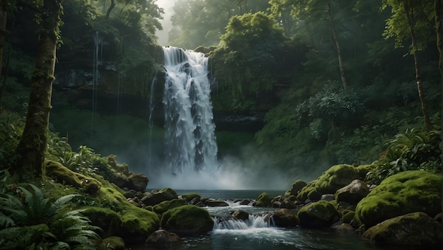 Foto una cascada en el bosque está rodeada de árboles y rocas