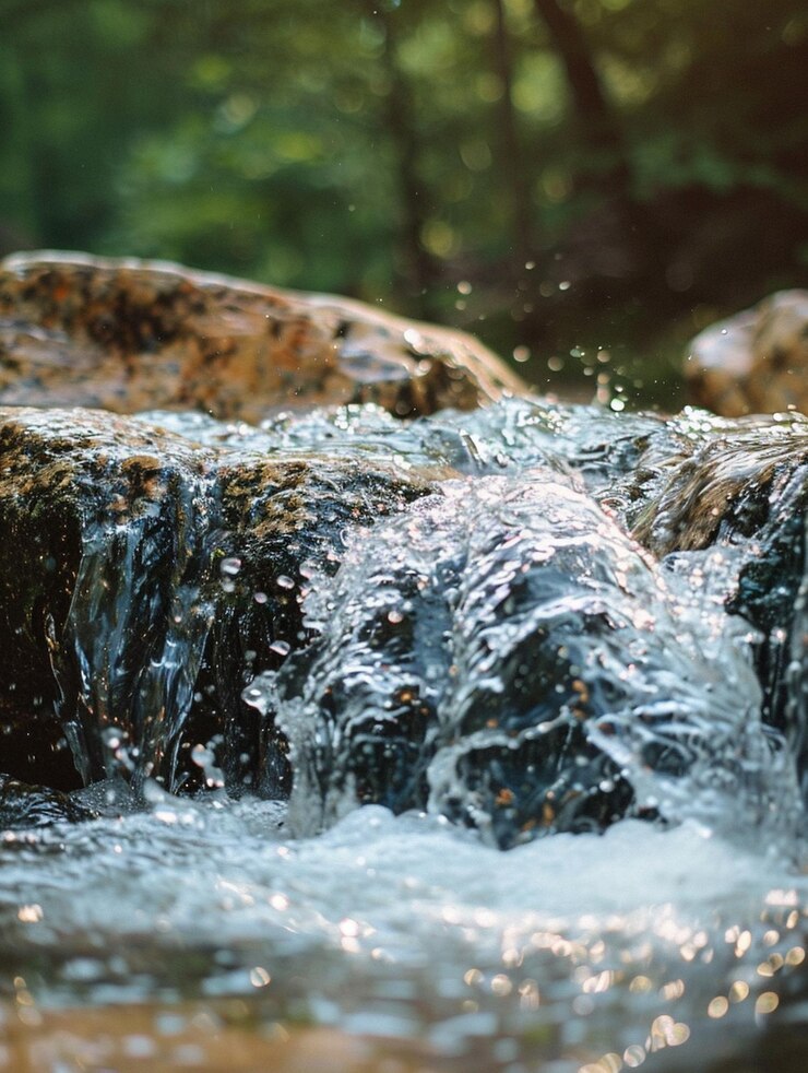 Cascada del bosque sereno con salpicaduras de agua y luz solar