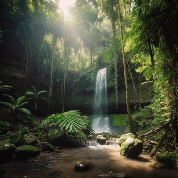 Una cascada en el bosque con el sol brillando a través de los árboles.