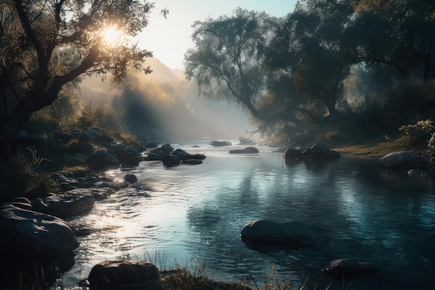 Una cascada en un bosque con el sol brillando a través de los árboles.