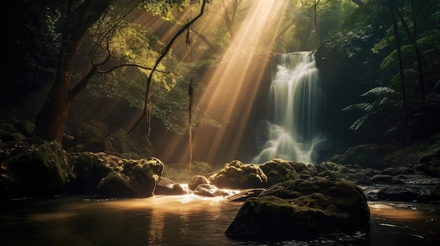 Una cascada en el bosque con el sol brillando a través de los árboles.