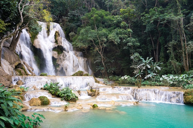 Cascada en el bosque tropical en el agua de Kuang si caer en Luang Prabang, Laos.