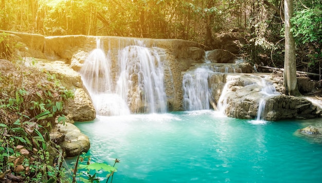 Cascada bosque tropical lluvioso luz del sol escénica