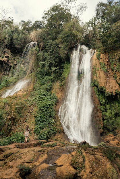 Cascada en bosque tropical y una mujer mirándolo