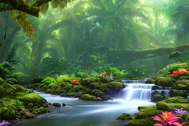 Una cascada en un bosque tropical