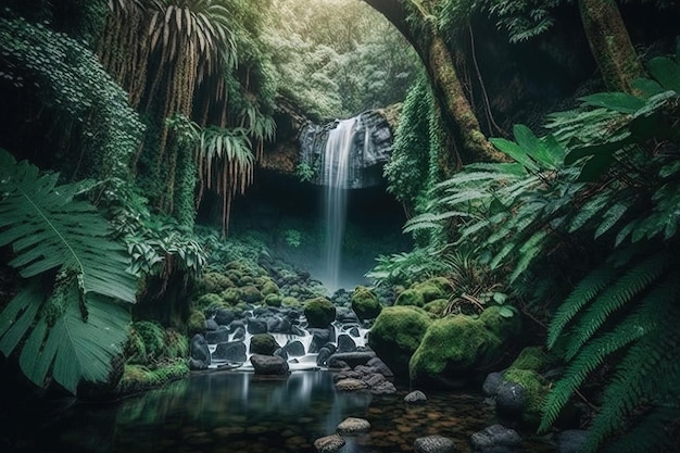 Cascada en el bosque verde con exuberante vegetación