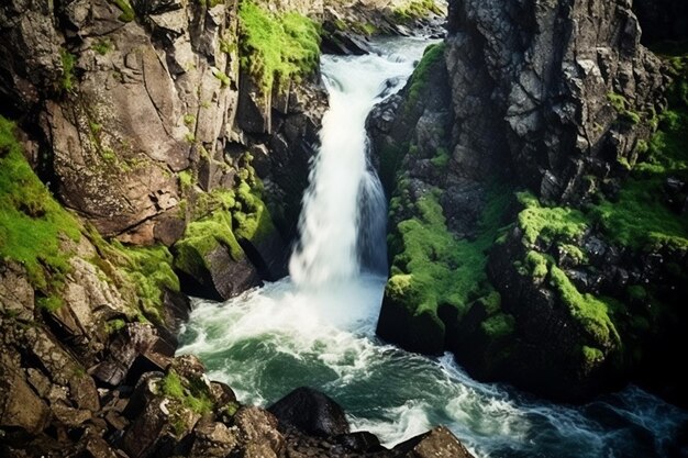 Foto la cascada cae por los acantilados escarpados