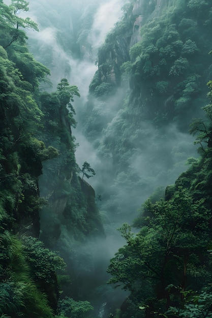 Una cascada cae a través de los árboles neblinosos en un bosque verde