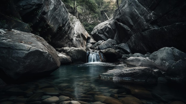 Una cascada en un cañón con un bosque al fondo.