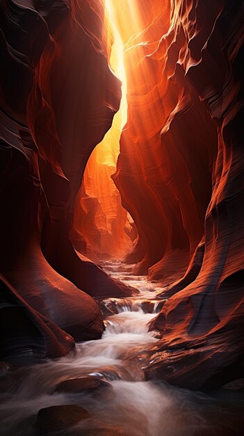 una cascada en un cañón con el sol brillando a través de las rocas