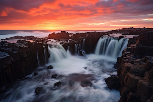 Cascada en cascada contra una puesta de sol colorida