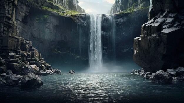 Foto una cascada con una cascada en el fondo y una cascada de agua en el fondo