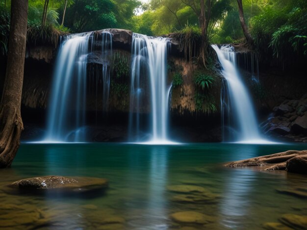 Foto una cascada con una cascada en el fondo y una cascada al primer plano