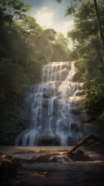 una cascada con una cascada en el fondo y el sol brillando en la parte superior