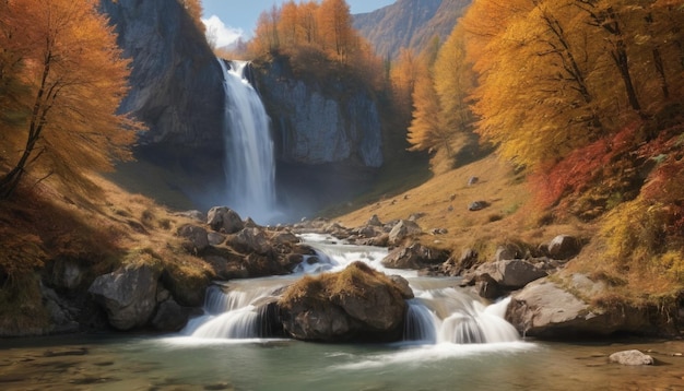 Foto una cascada con una cascada en el fondo