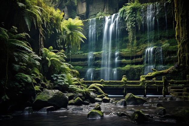 Cascada en cascada rodeada de densos helechos y musgos