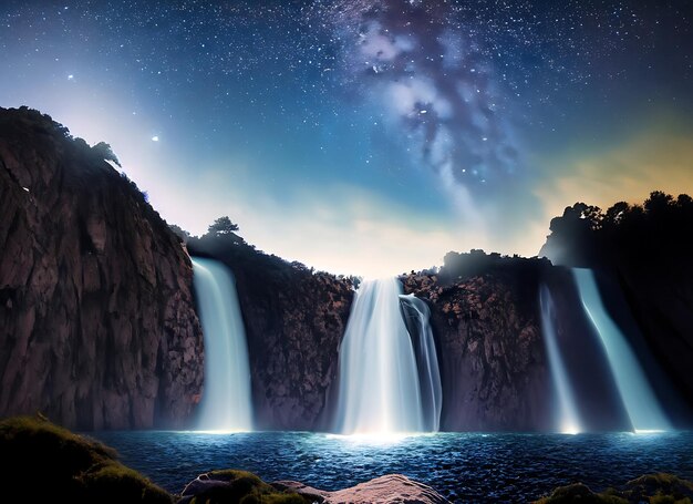 Foto cascada con un cielo lleno de estrellas en el fondo