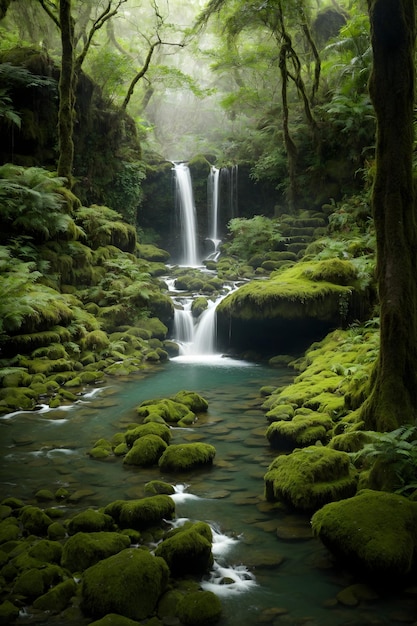 Cascada cuesta abajo hacia una tranquila laguna rodeada de rocas cubiertas de musgo y exuberante vegetación