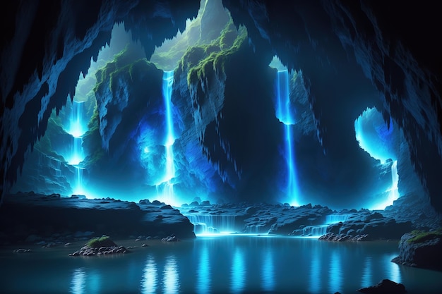 Una cascada en una cueva con un fondo azul y una luz azul.