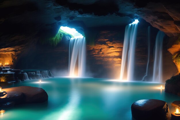 Una cascada en una cueva con la luz brillando sobre ella