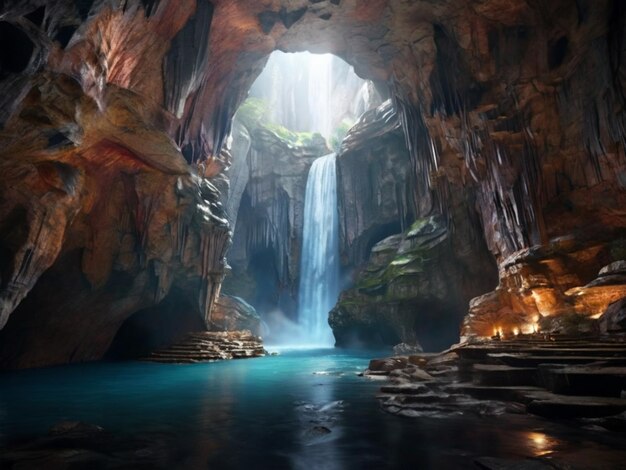 una cascada en una cueva con una luz en la parte superior