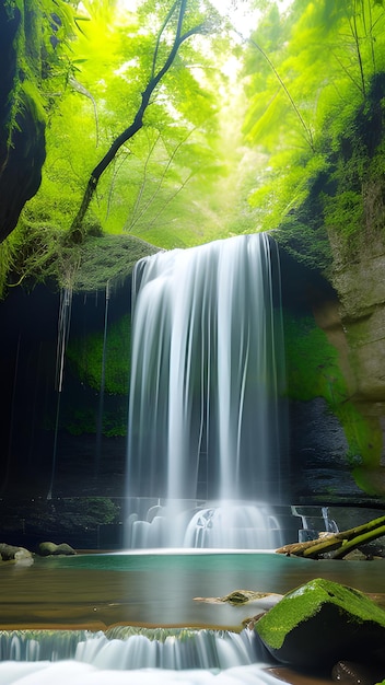 Una cascada en una cueva oscura con un fondo verde y una luz que brilla a través de los árboles.