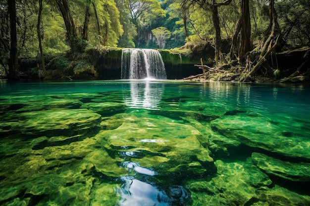 Foto la cascada desemboca en el estanque de esmeralda