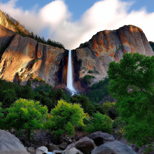 Una cascada es visible en la distancia.