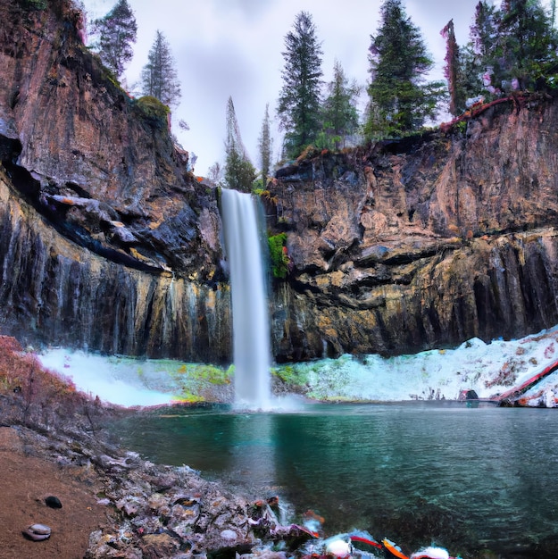 Una cascada está en un cañón con una montaña al fondo.