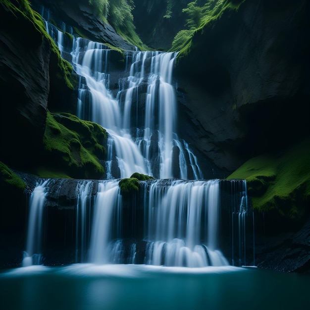 Una cascada está iluminada por una luz verde.