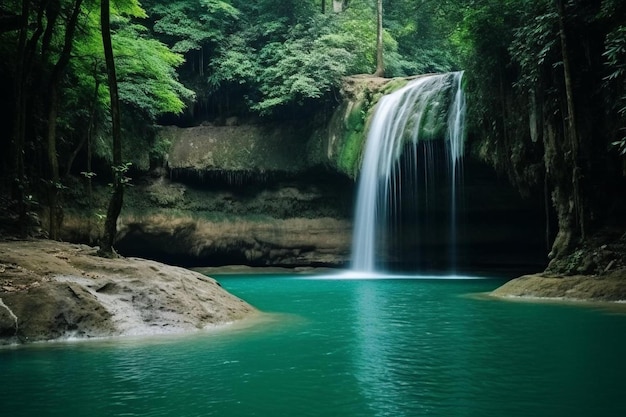 una cascada está en el medio de un bosque