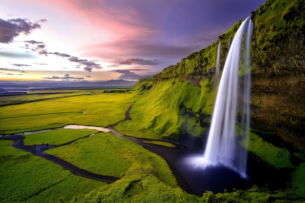 La cascada está en medio de un campo verde.