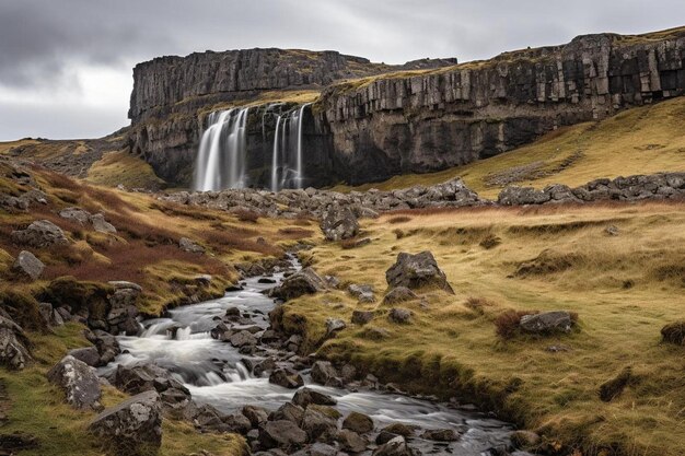 una cascada está en el medio de un campo