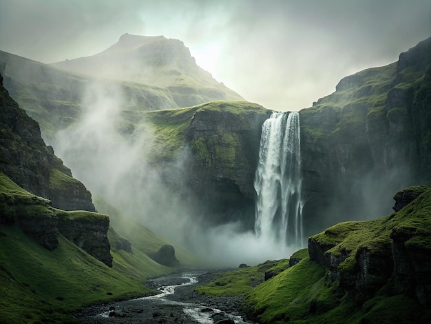 una cascada está en el medio de una montaña con una superficie de musgo verde