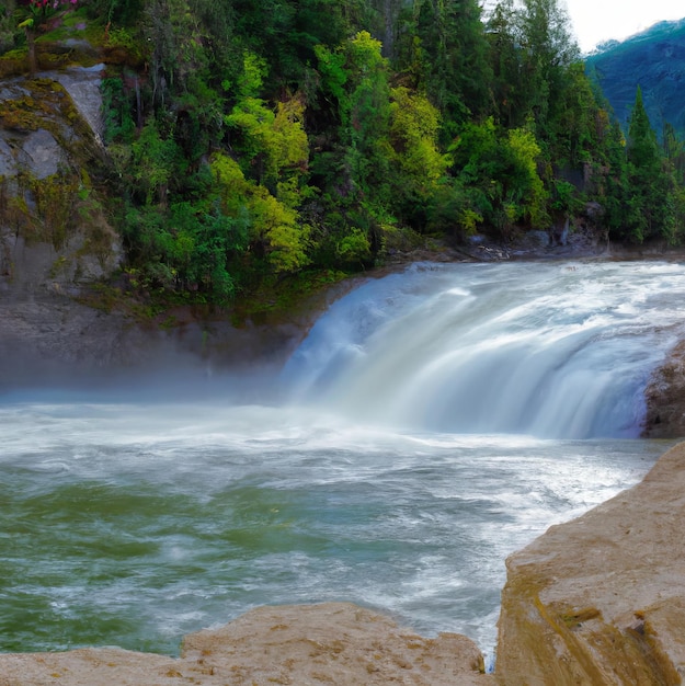 Una cascada está en primer plano y el agua es verde.