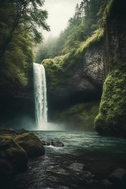 Una cascada está rodeada de árboles y las palabras la palabra cascada