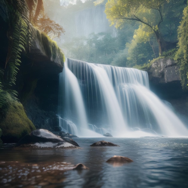 Una cascada está rodeada de árboles y el sol brilla sobre el agua.