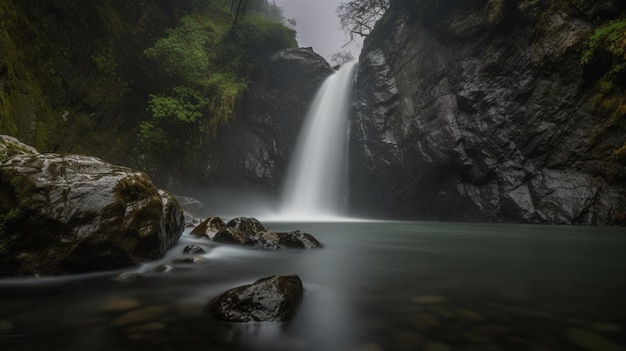 Una cascada está rodeada de rocas y el agua está rodeada de árboles.