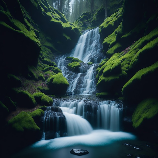 Una cascada está rodeada de rocas cubiertas de musgo y un bosque cubierto de musgo verde.