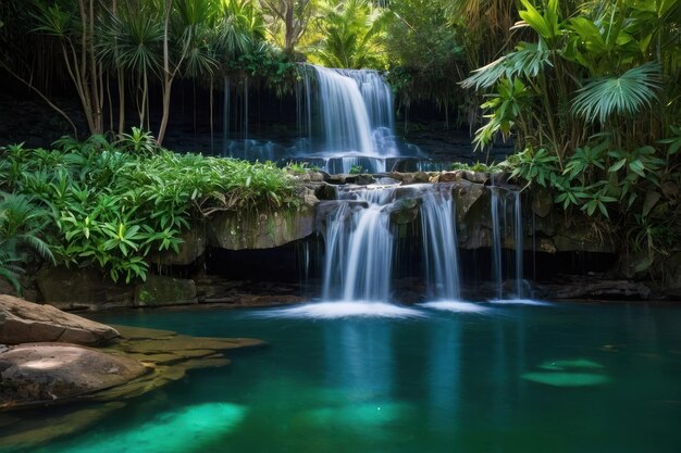 Una cascada exótica que desemboca en una piscina de cristal