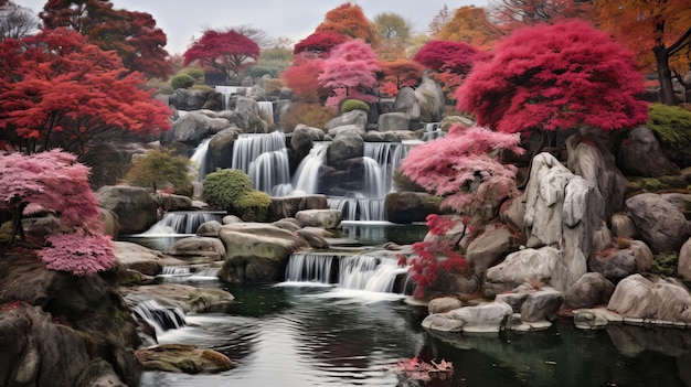 Cascada de fantasía con árboles de otoño y hermosas flores paisaje idílico en un entorno tranquilo