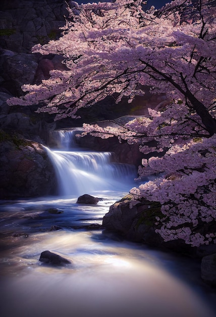 Cascada con flor de cerezo como flor de sakura en el bosque Ilustración 2D