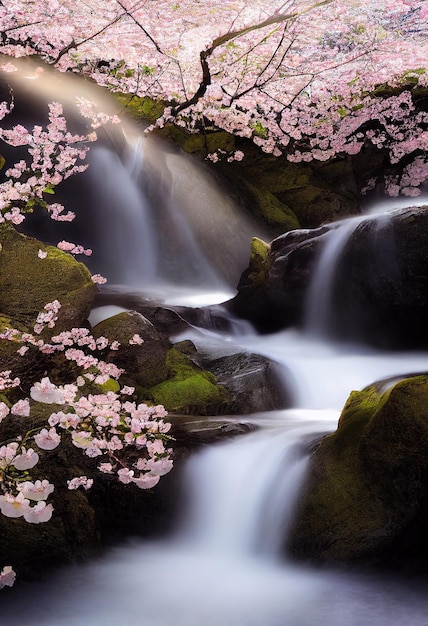 Cascada con flor de cerezo como flor de sakura en el bosque Ilustración 2D