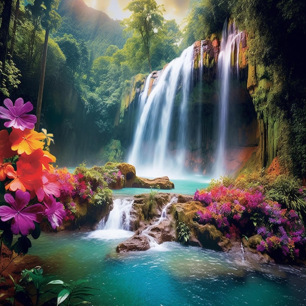 una cascada con flores y una imagen de una cascada