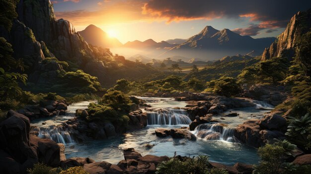 La cascada fluye desde la cima de las rocas escarpadas de la montaña contra un cielo despejado en el fondo