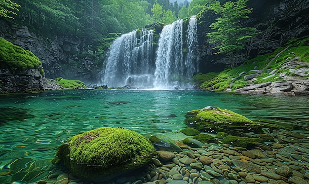 Foto una cascada está en el fondo y el agua es verde