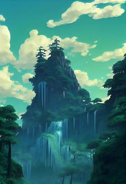 Cascada en el fondo del bosque para Anime o juego