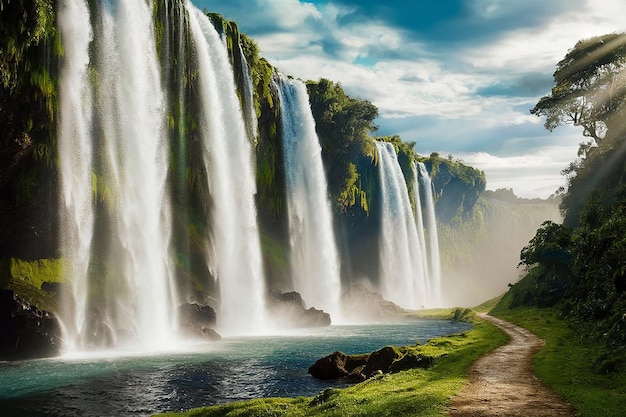 Foto una cascada está en el fondo y la hierba es verde